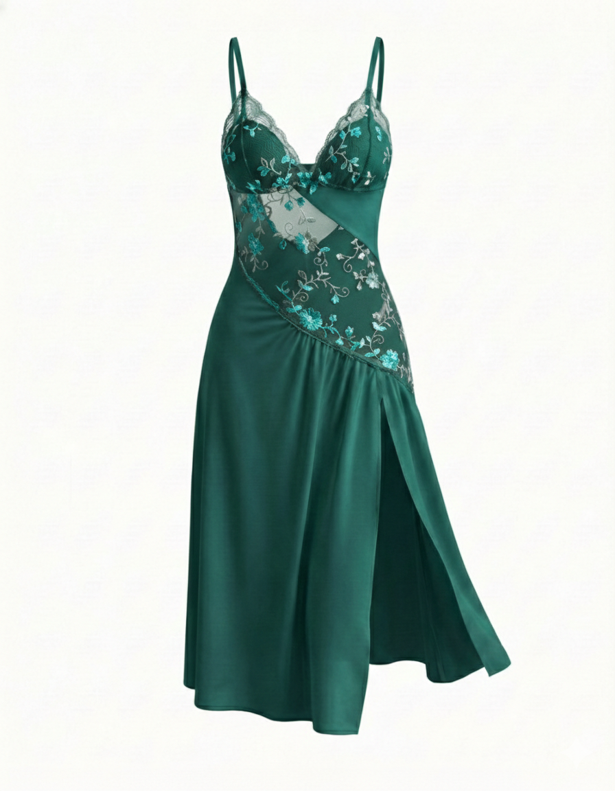 Sexy Sheer Mesh Nightgown – Floral Embroidery Babydoll