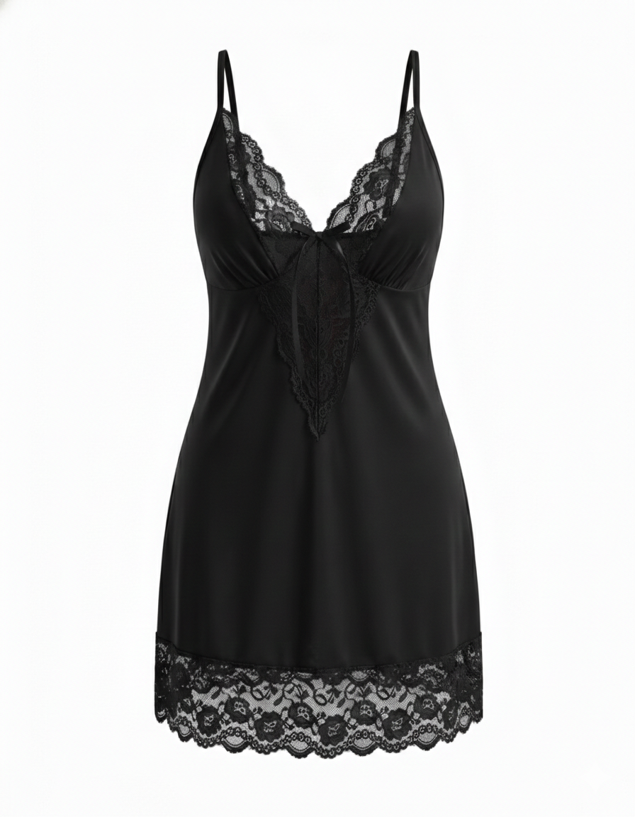 Plus Size Sexy Sheer Deep V Backless Cami Dress with Bow Detail & Panty