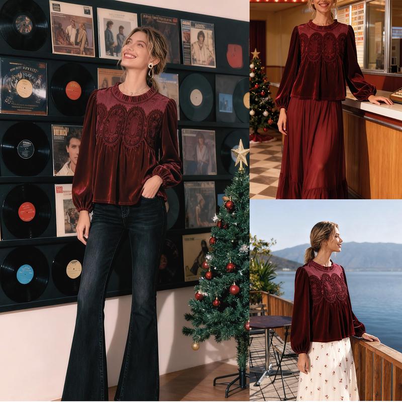 Women's Velvet Trim Lace Blouse – Elegant Flared Long Sleeve Top