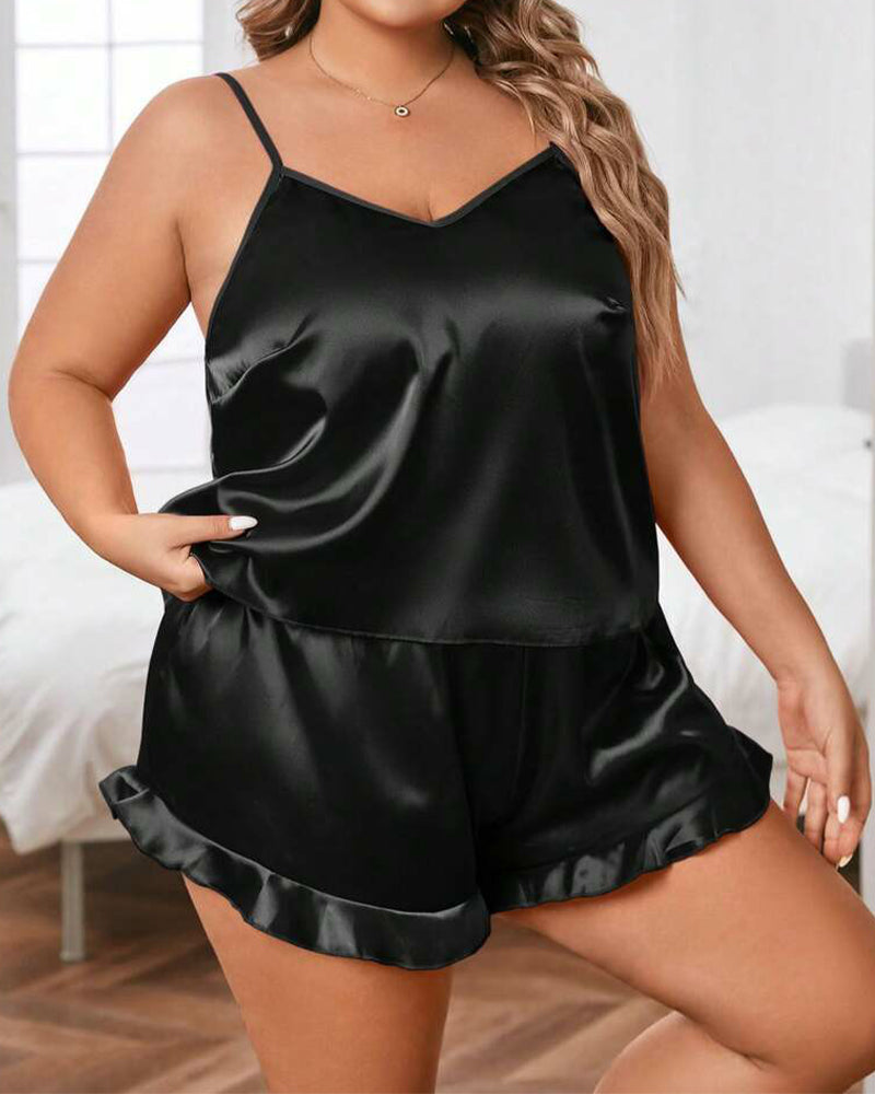 Plus Size Satin Cami & Ruffle Shorts Pajama Set