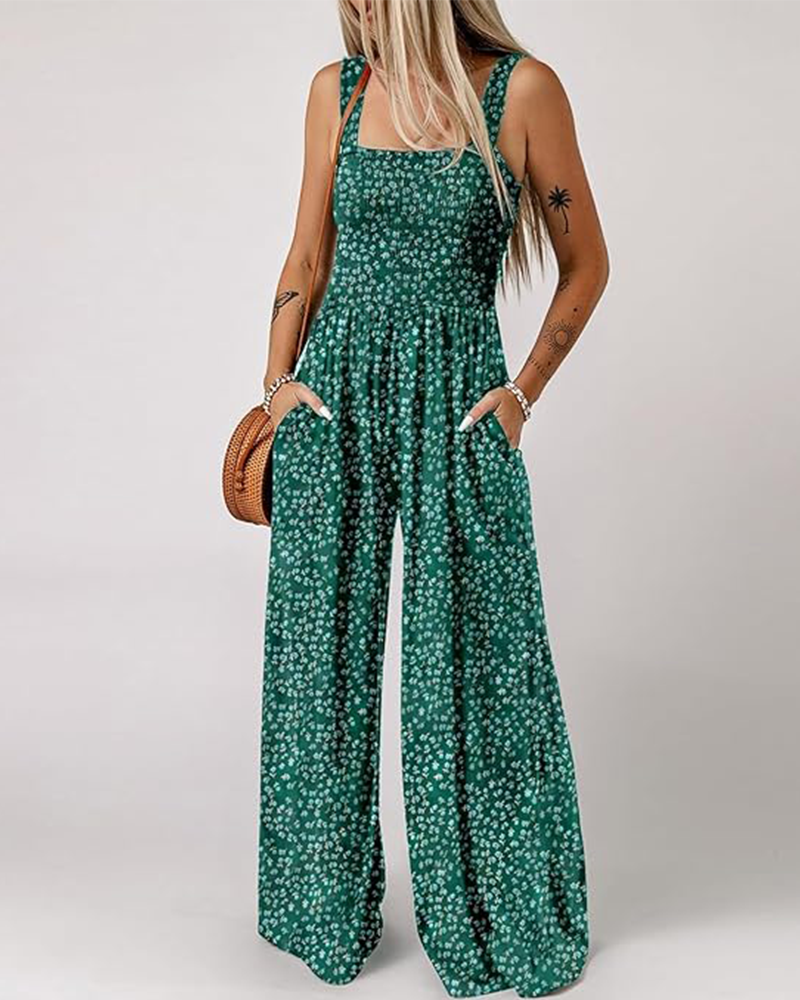 Women's Floral Smocked Wide-Leg Jumpsuit – Sleeveless Summer Romper with Pockets