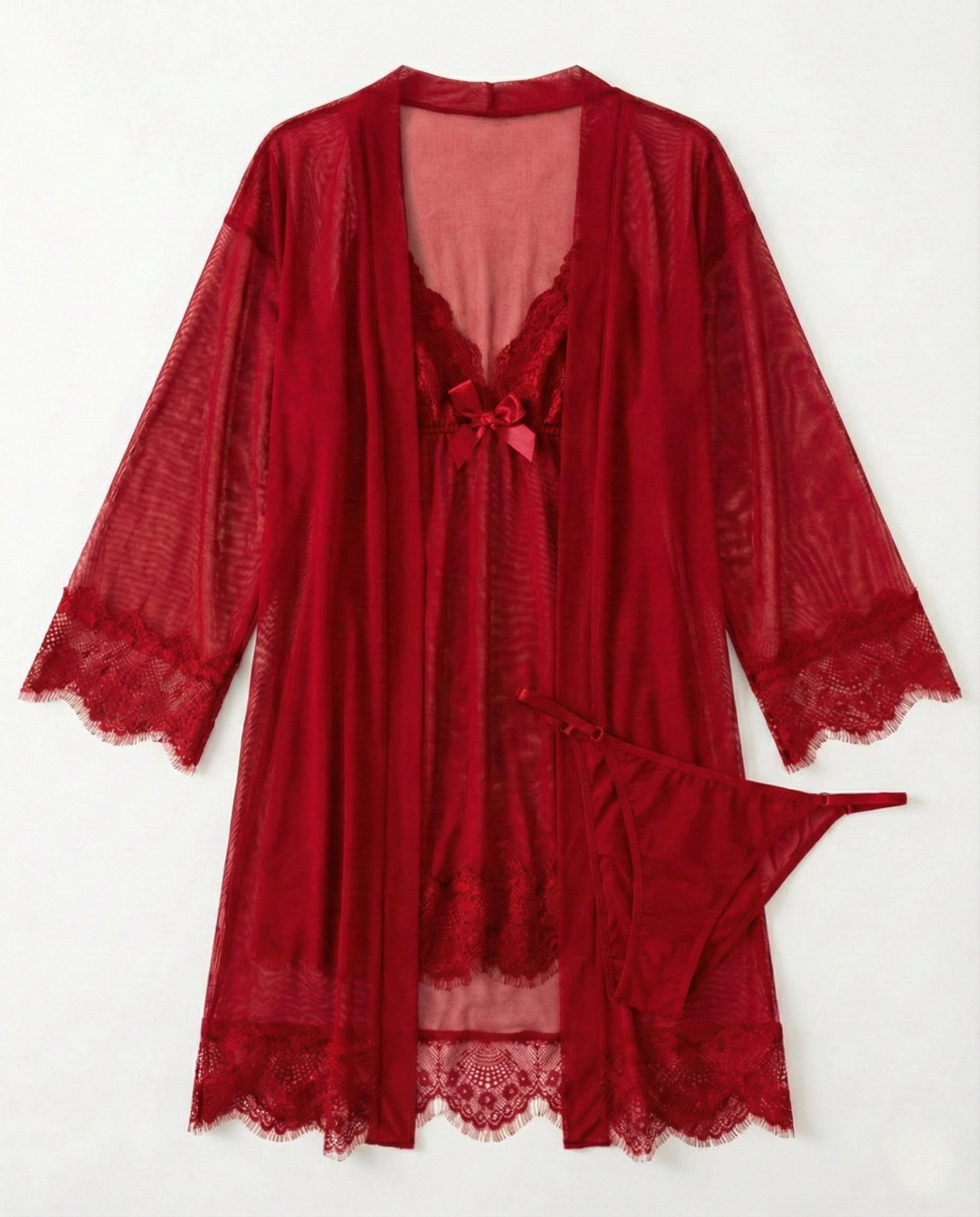 Sexy 3-Piece Lingerie Set for Women – Mesh Kimono Robe & Lace Babydoll Dress