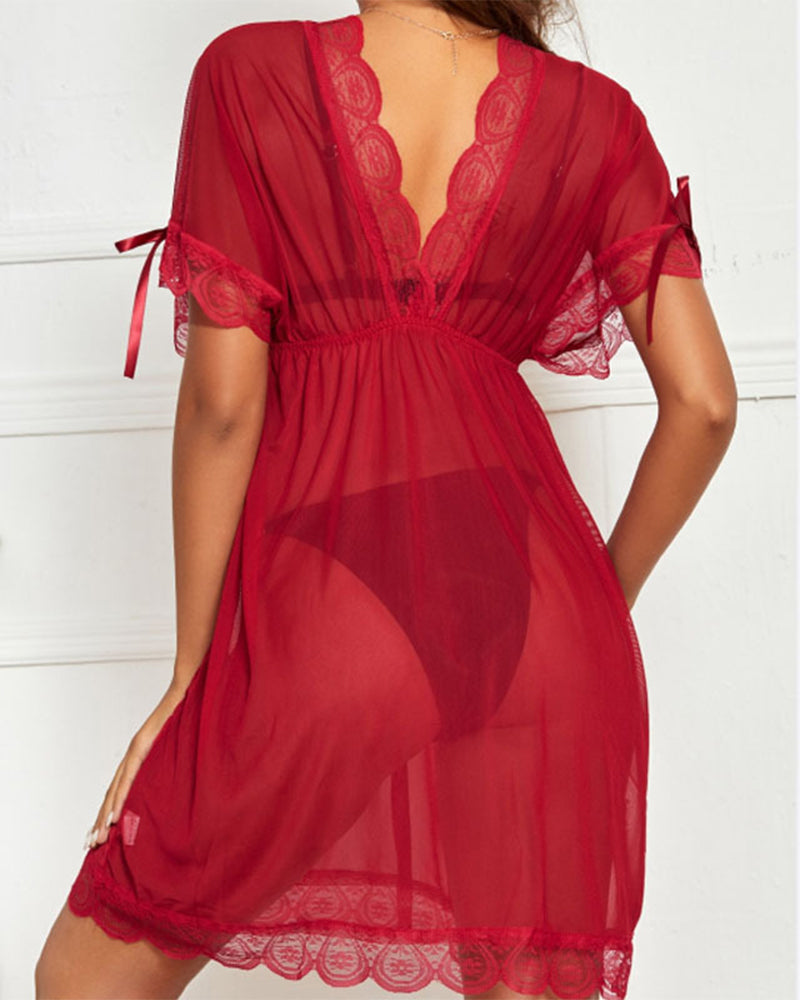 Sexy Deep V Lace Suspender See-Through Bathrobe