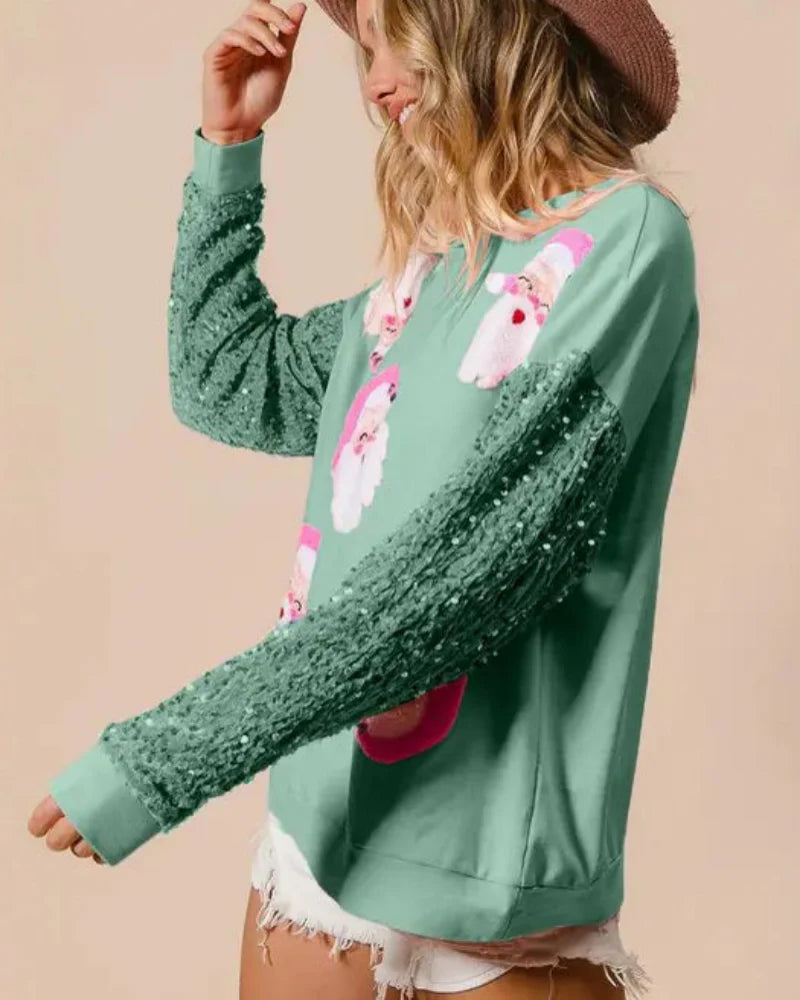 Women's Santa Claus Sequin Sleeve Sweatshirt – Festive Long Sleeve Crew Neck Top