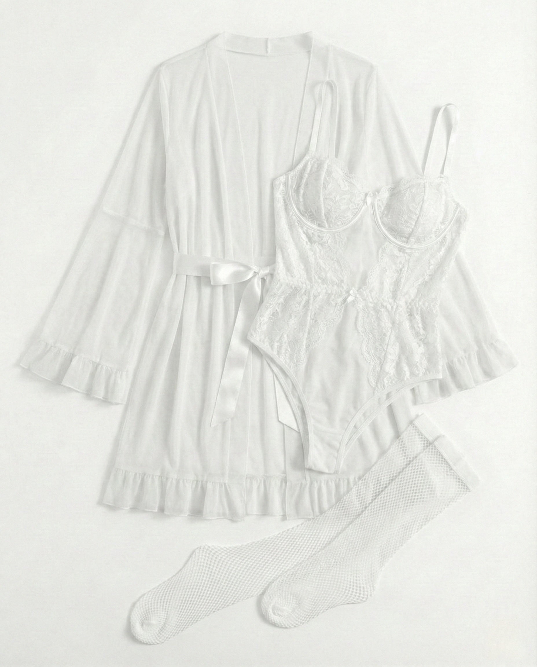 5-Piece Sexy Lingerie Set– Cut-Out Bodysuit + Robe + Belt + 2 Socks