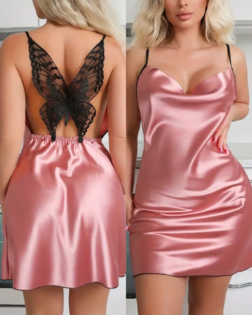 Contrast Lace Butterfly Cowl Neck Satin Sleep Dress with Spaghetti Straps and Sexy Slim Fit Babydoll