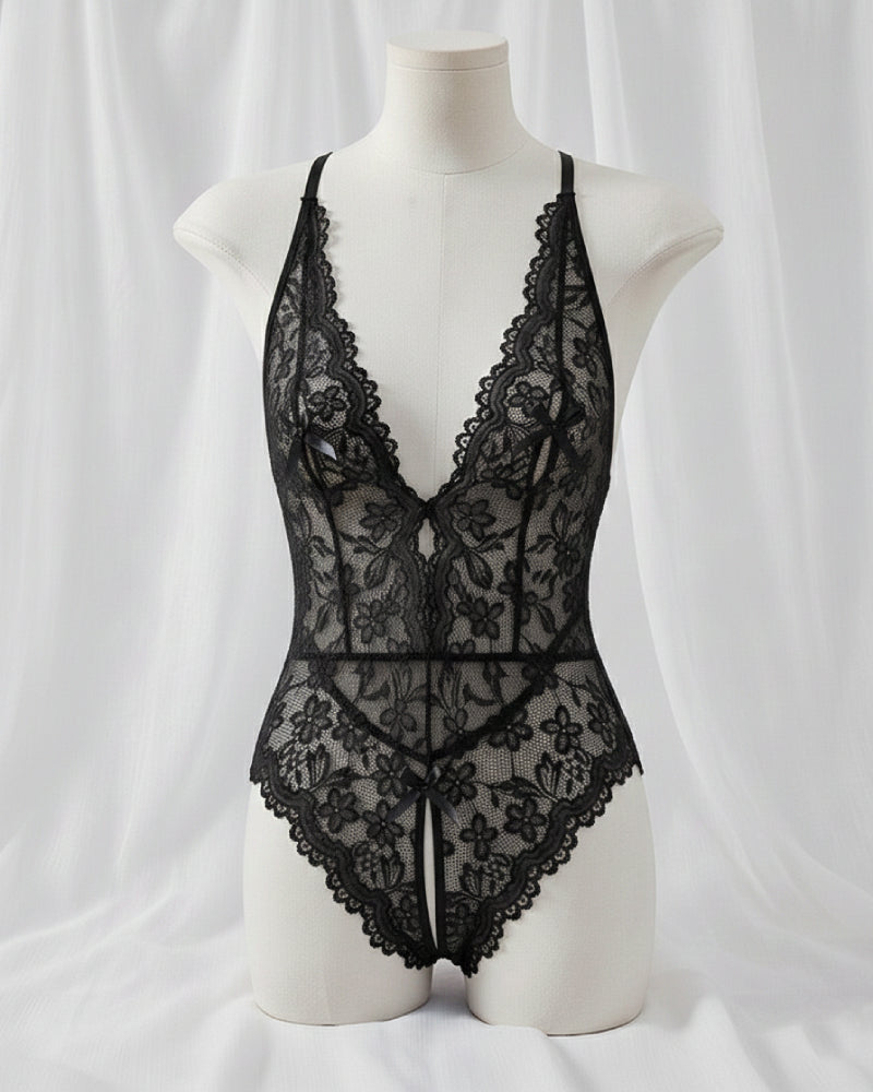 Bridal Whisper Halter Lace Crotchless Teddy