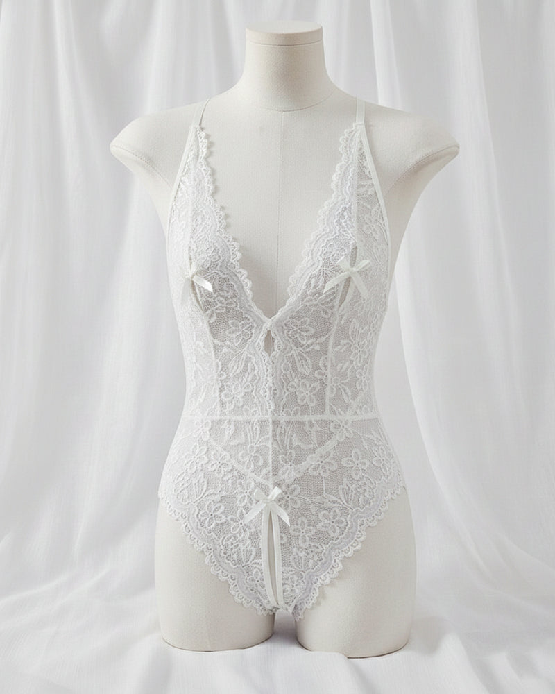 Bridal Whisper Halter Lace Crotchless Teddy