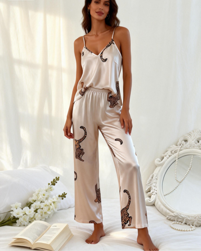 Sexy Leopard Print Satin Cami and Long Pants Pajama Set