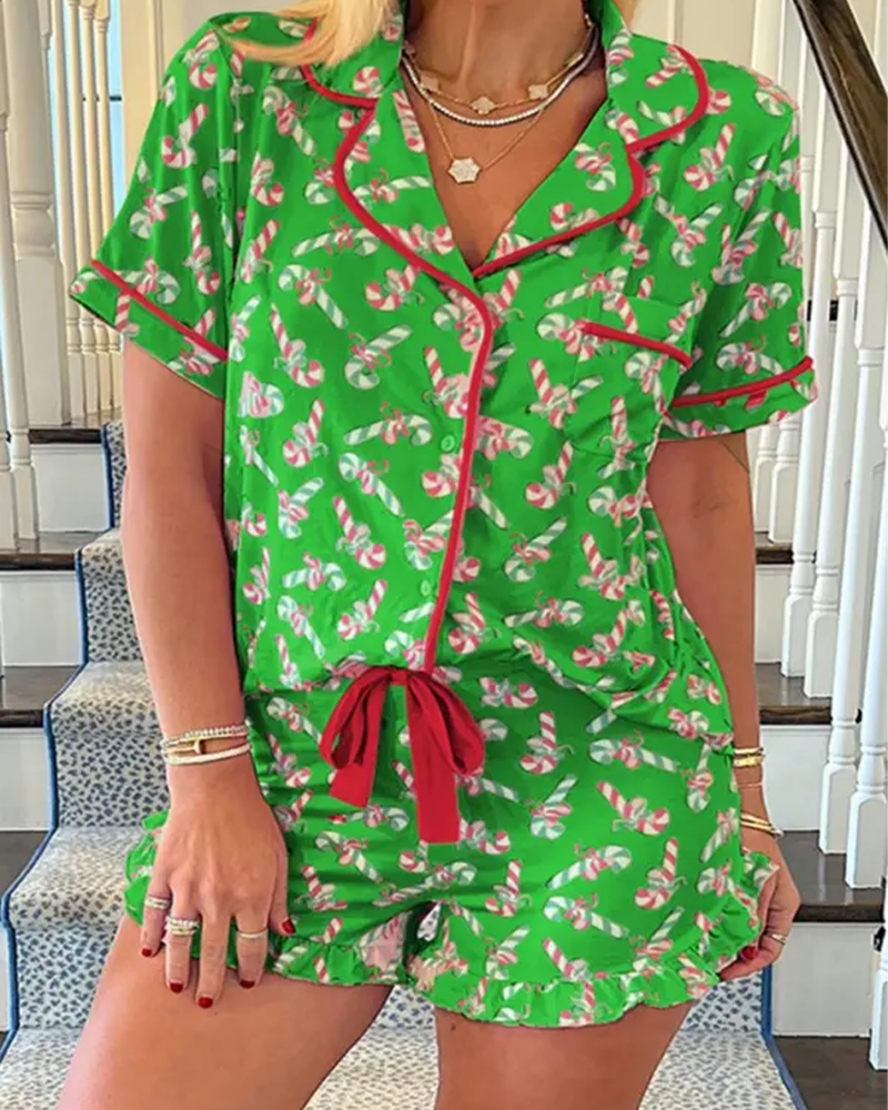 Candy Cane Print Button Pajama Set