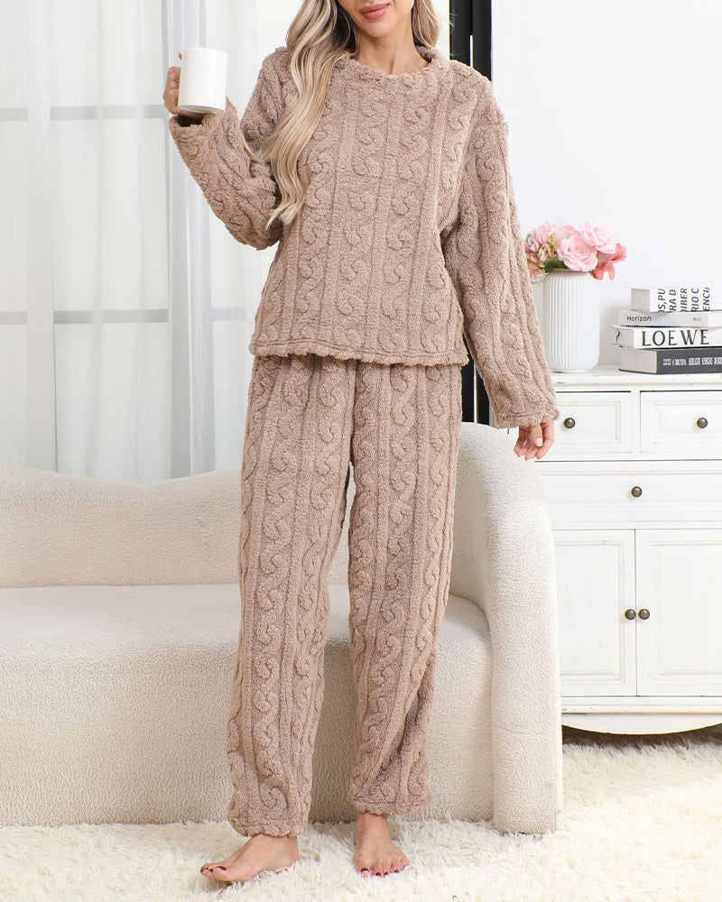 Cozy Coral Fleece Jacquard Loungewear Set