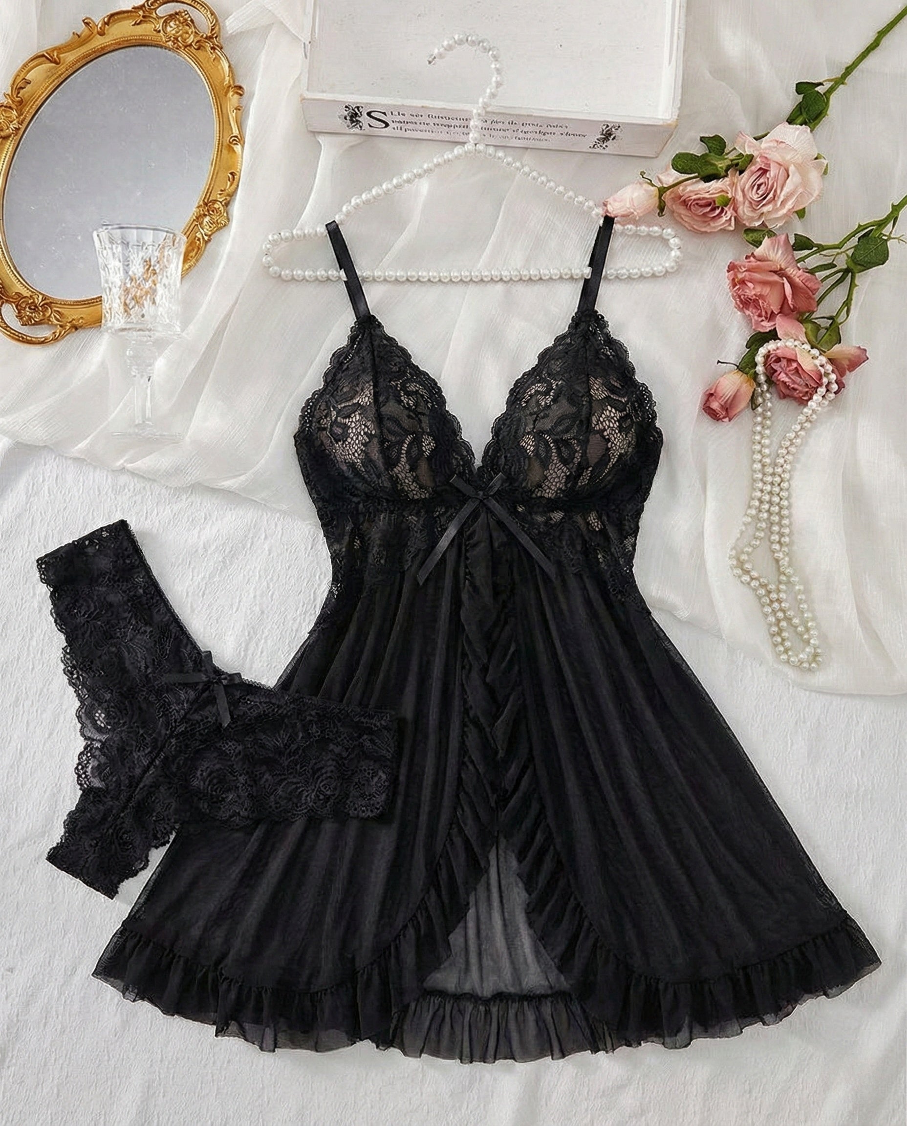 Sexy Lingerie V-Neck Lace Ruffle Trim Cami Nightdress & Panty Set Babydoll