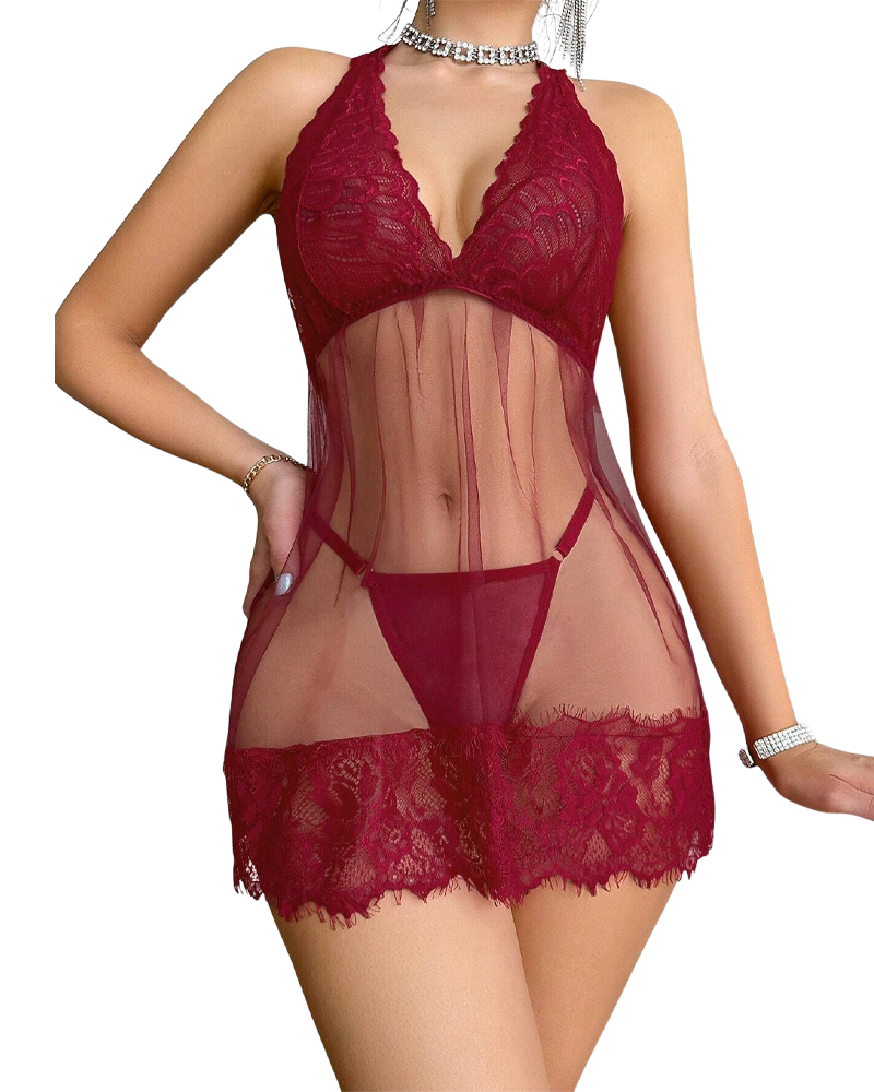 Sexy Floral Lace Halter Babydoll with Thong