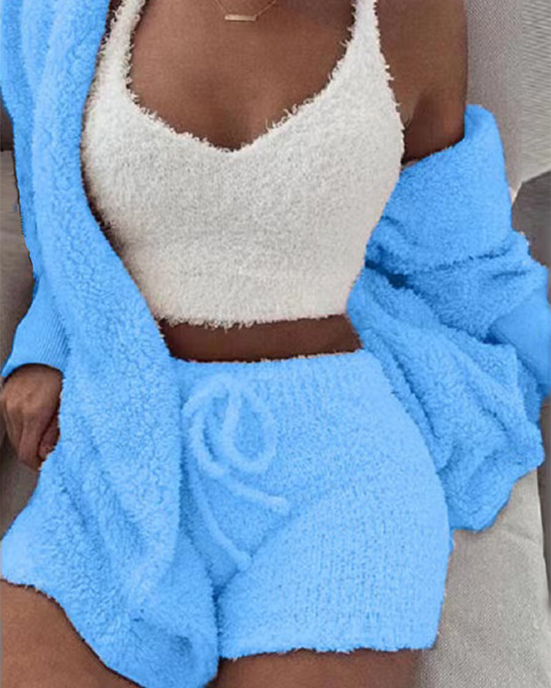 Women’s 3-Piece Sherpa Fleece Loungewear Set – Long Sleeve Top, Shorts & Pants