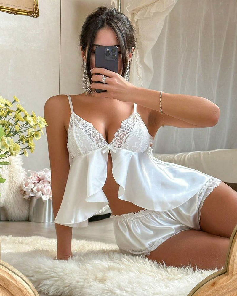 Sexy Lace Pajama Set with Ruffle Trim