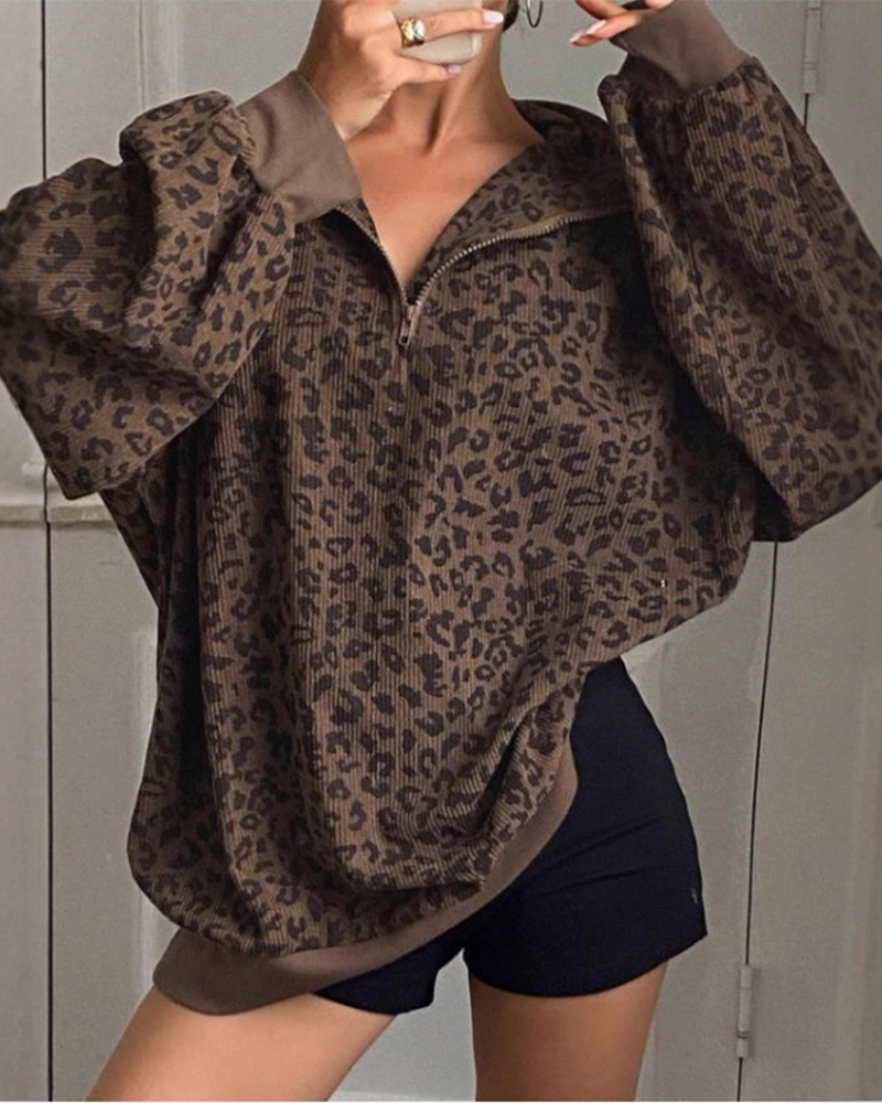 Women’s Casual Zip-Up Leopard Print Long Sleeve Sweatshirt for Fall