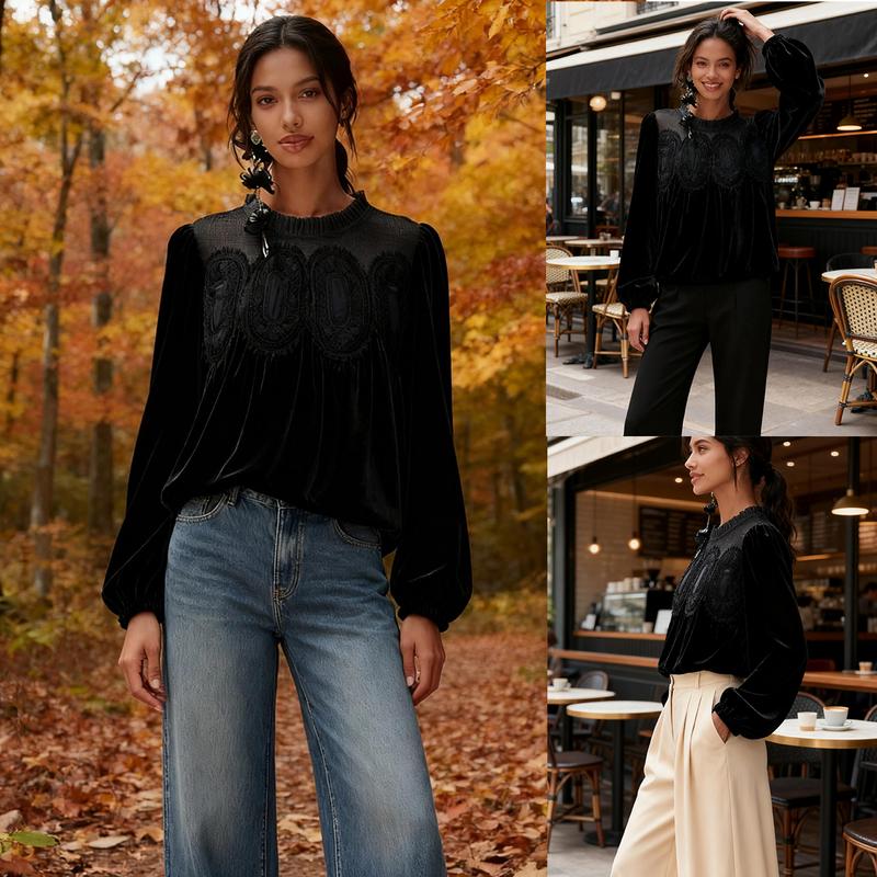 Women's Velvet Trim Lace Blouse – Elegant Flared Long Sleeve Top