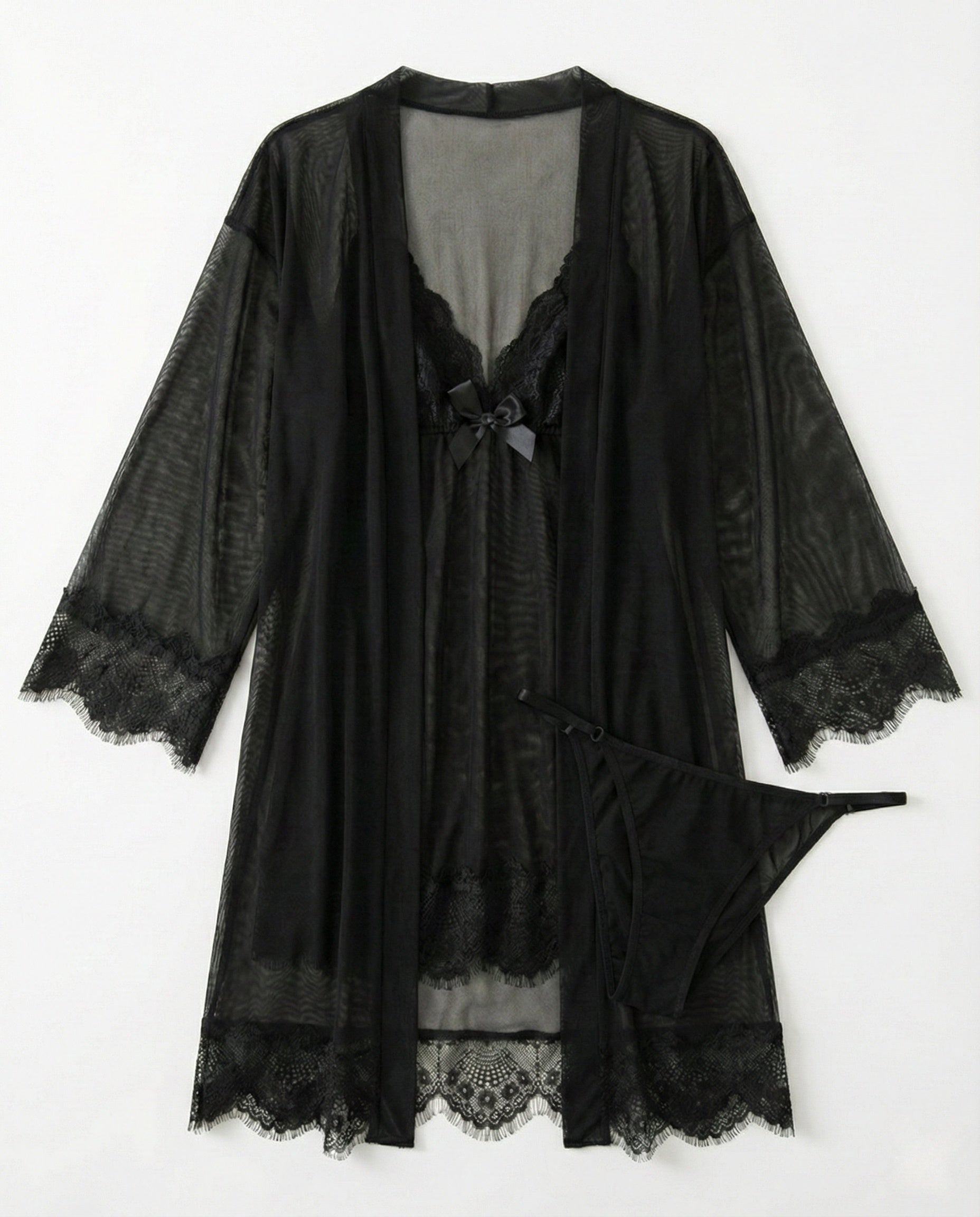 Sexy 3-Piece Lingerie Set for Women – Mesh Kimono Robe & Lace Babydoll Dress