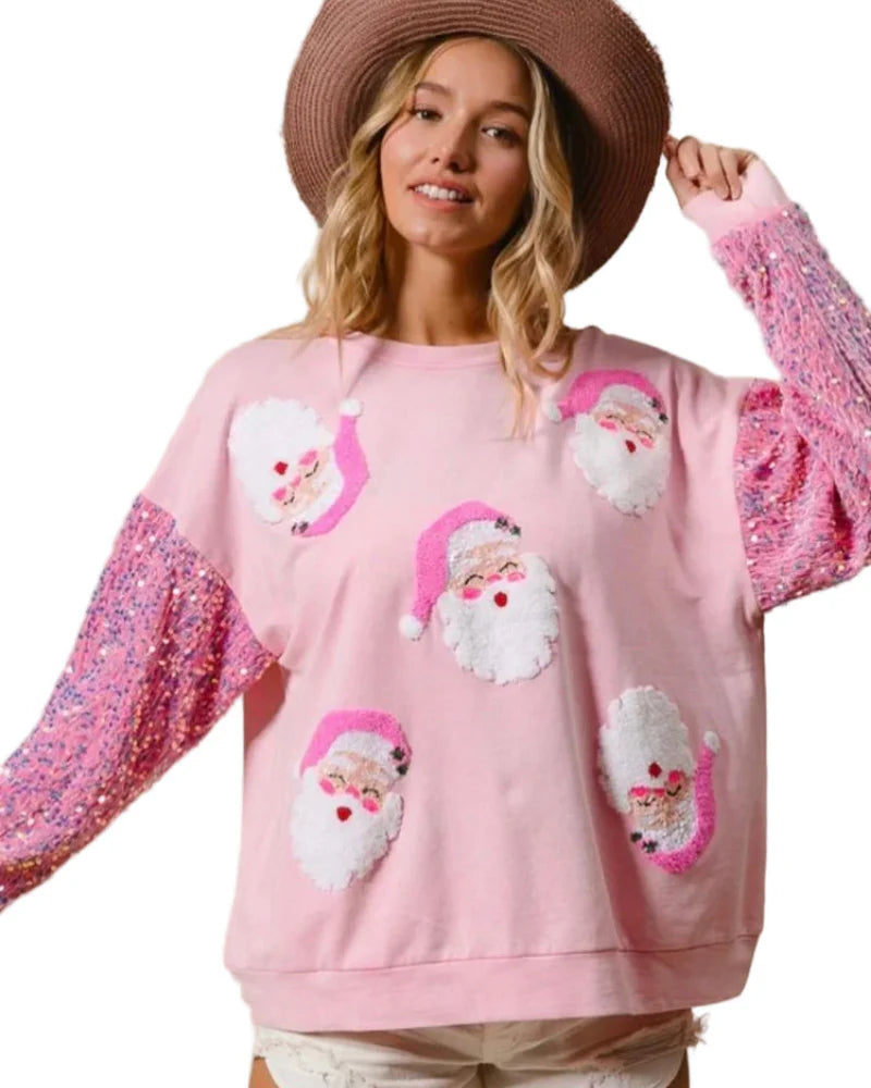 Women's Santa Claus Sequin Sleeve Sweatshirt – Festive Long Sleeve Crew Neck Top