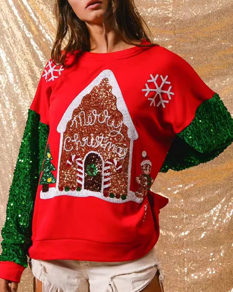 Women's Santa Claus Sequin Sleeve Sweatshirt – Festive Long Sleeve Crew Neck Top