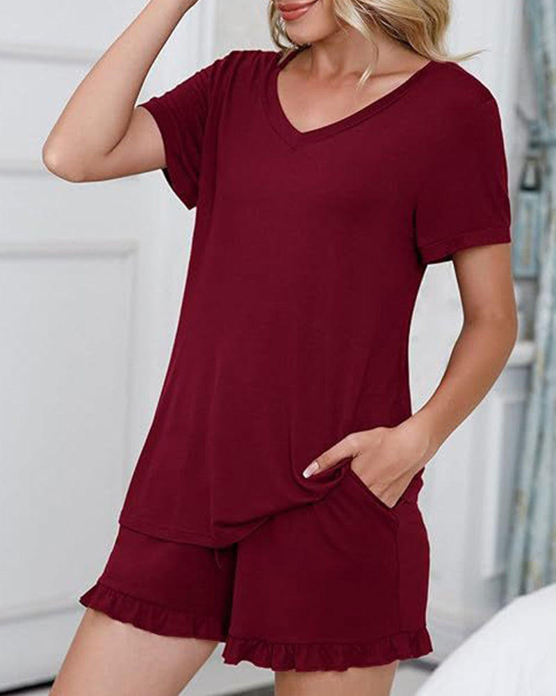 Women’s Casual Short Sleeve Pajama Set with Drawstring Shorts