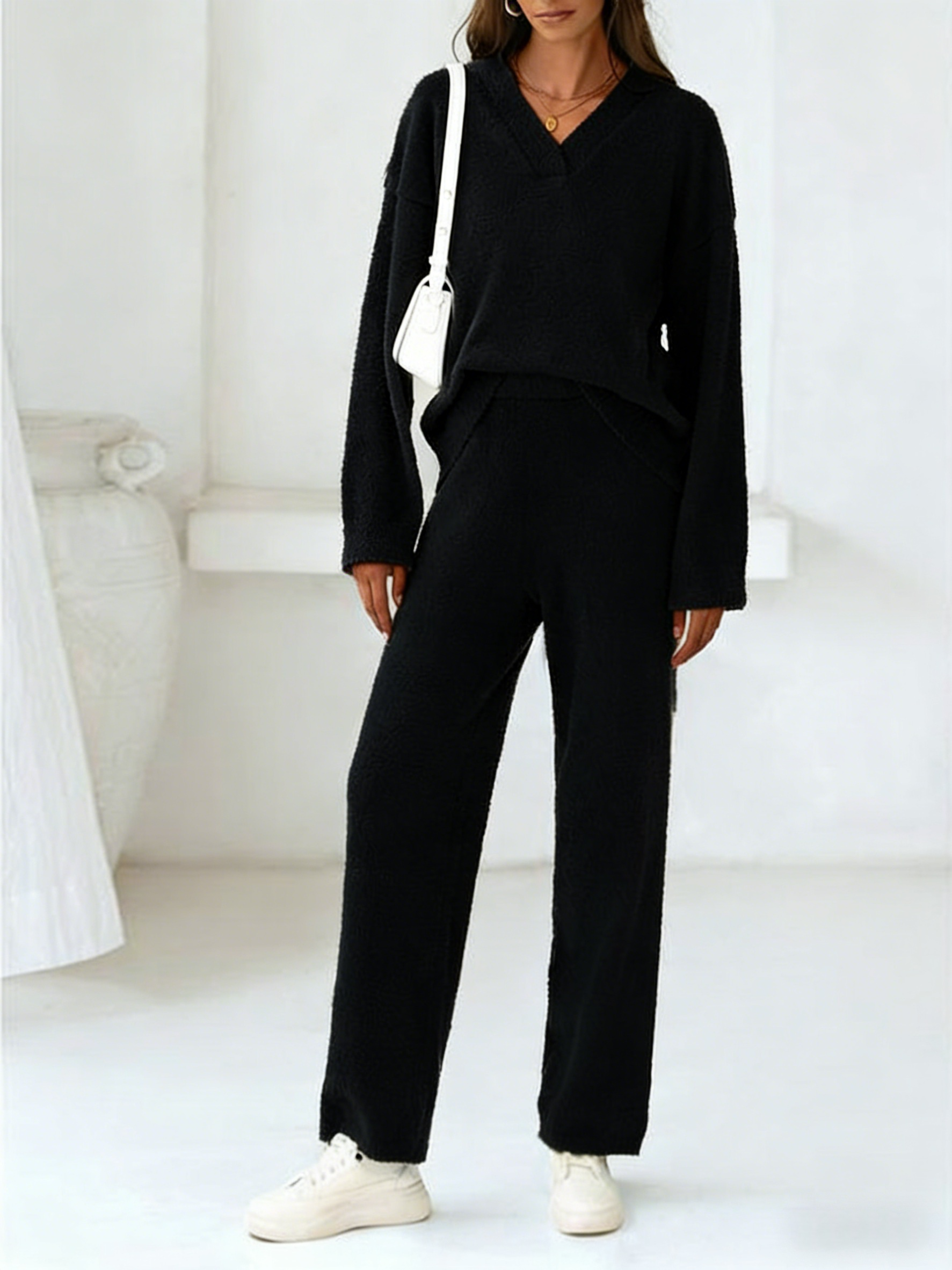 Ultra Soft Marshmallow 2-Piece Lounge Set – V-Neck Top & Wide-Leg Pants