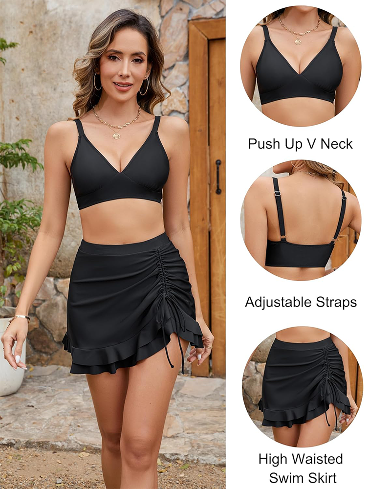 High Waisted Tummy Control Bikini Set with Skirt – Vintage Style