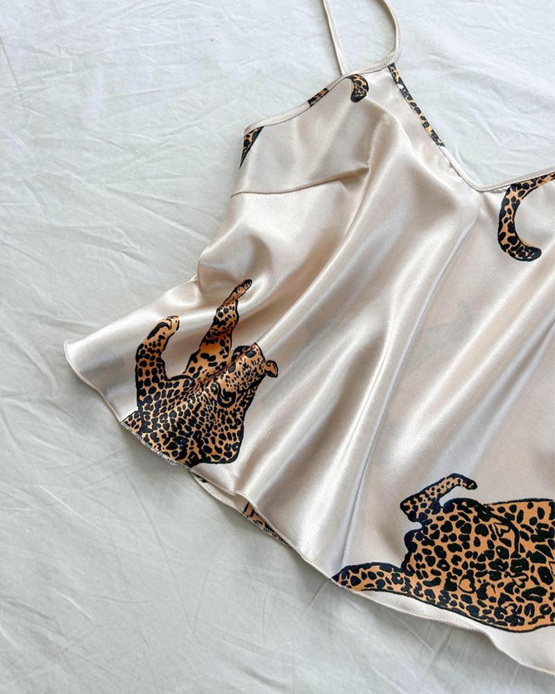 Sexy Leopard Print Satin Cami and Long Pants Pajama Set