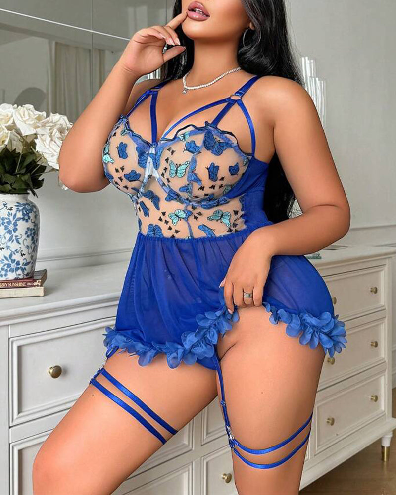 Plus Size Seductive Mesh Babydoll Lingerie Set with Butterfly Embroidery