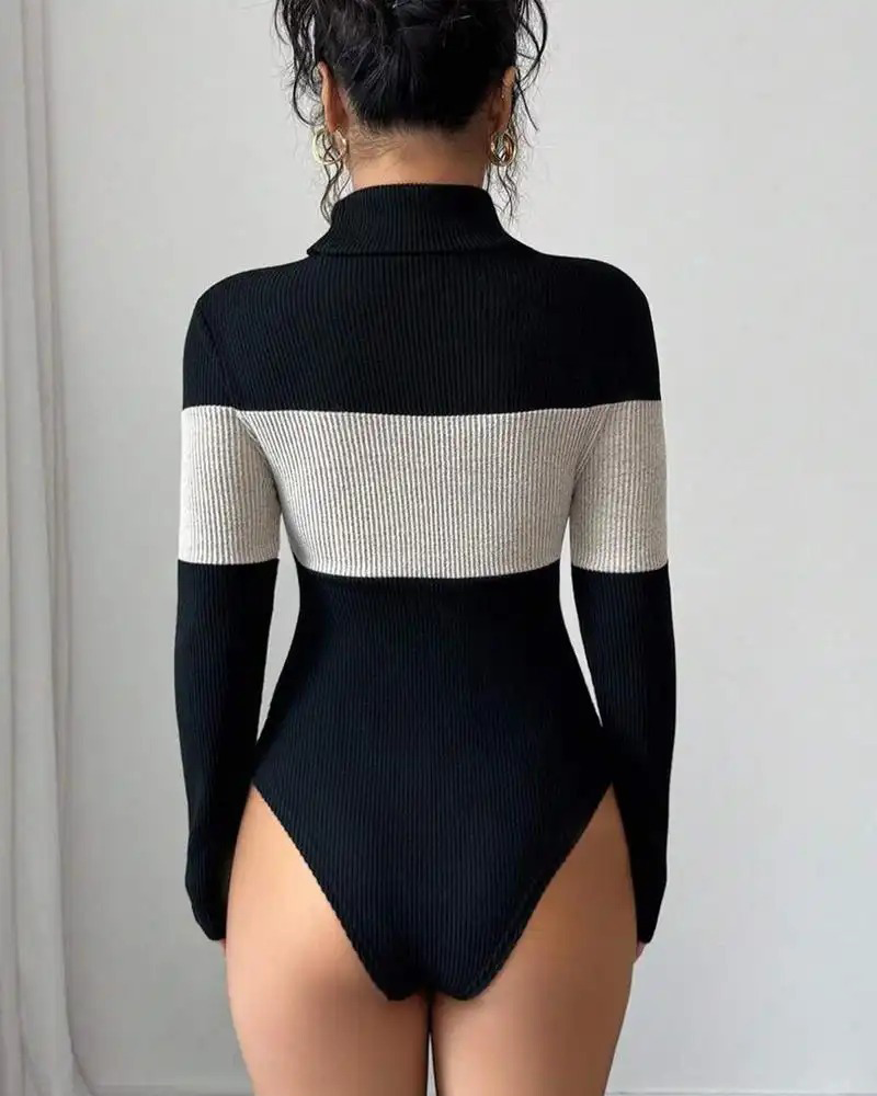 Women’s High Neck Patchwork Long Sleeve Bodysuit