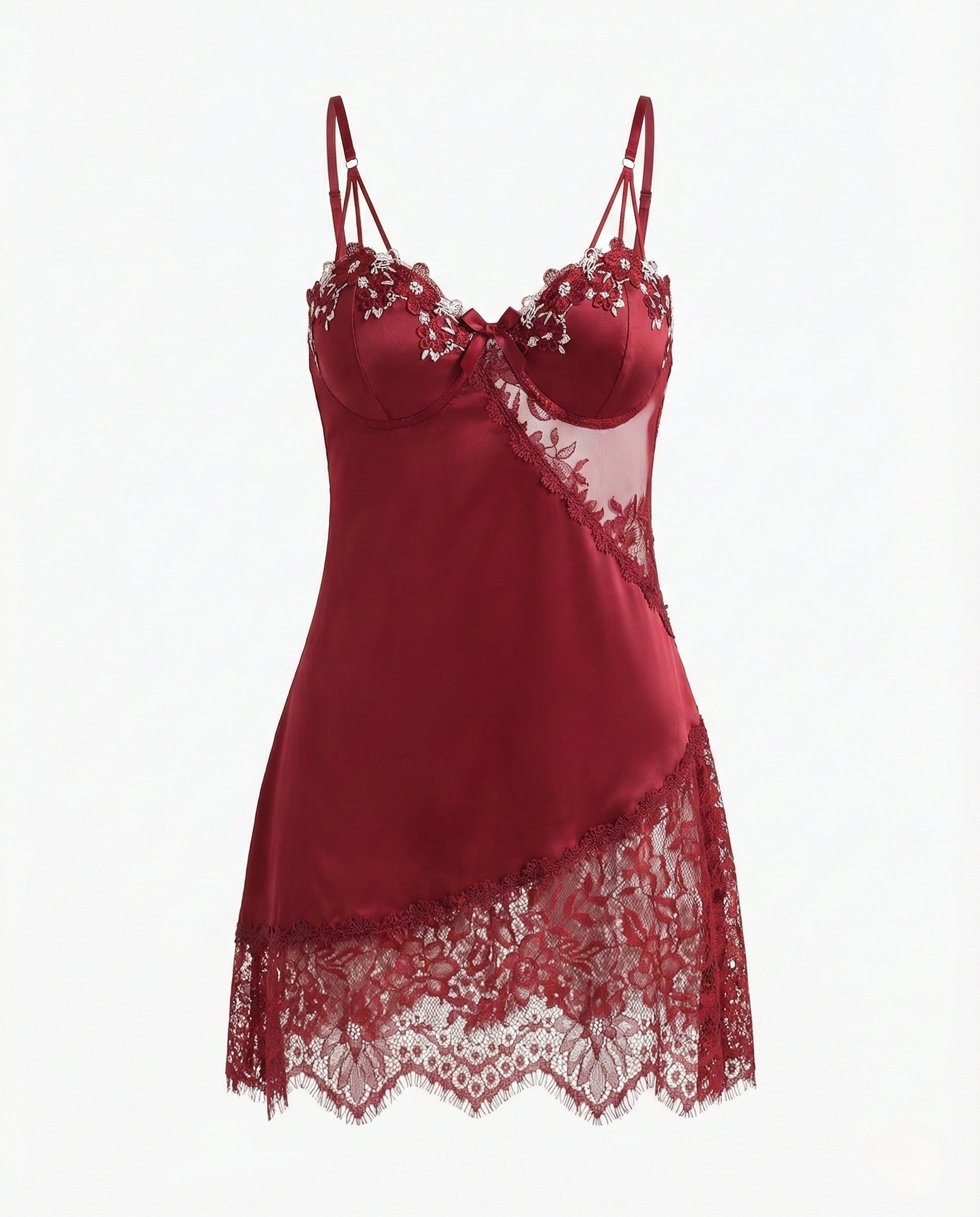 Plus Size Faux Silk Camisole Nightgown with Contrast Floral Lace