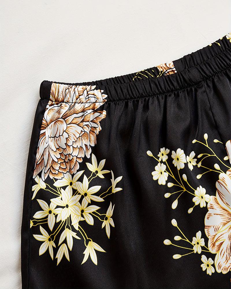 Sexy V-Neck Satin Cami & Shorts Pajama Set with Elegant Floral Print