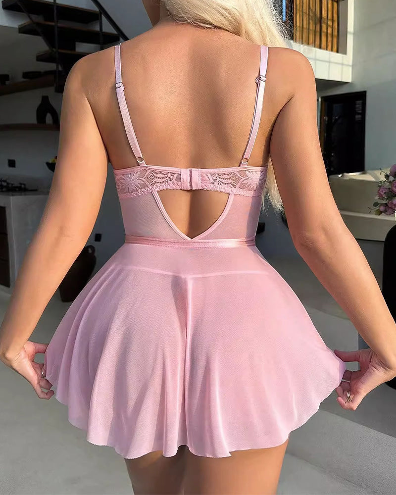 Sexy Lace Mesh Bow Babydoll Nightdress