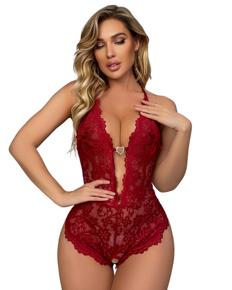 Women's Floral Lace Scallop Trim Cut-Out Sheer Crotchless Sexy Lingerie