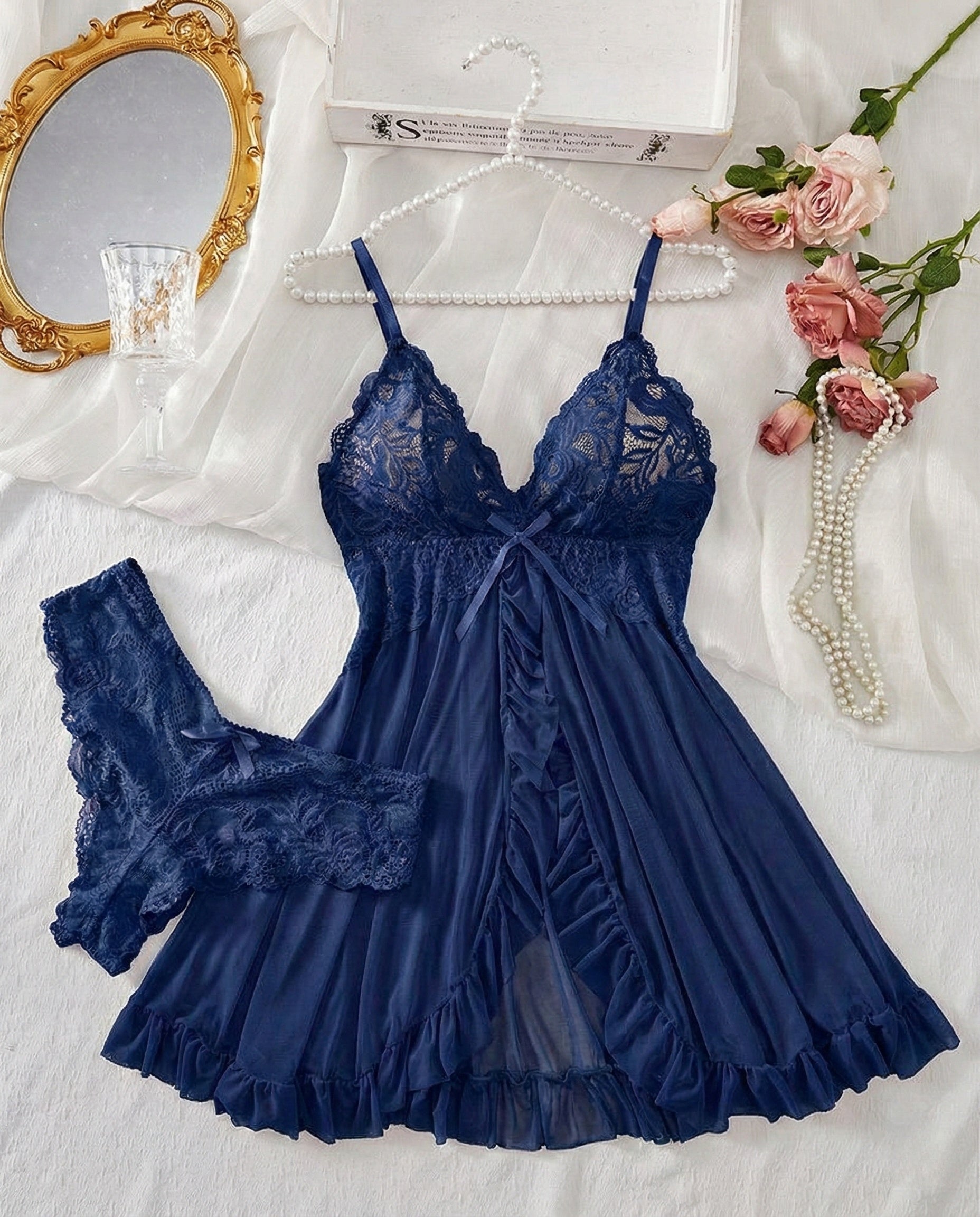 Sexy Lingerie V-Neck Lace Ruffle Trim Cami Nightdress & Panty Set Babydoll