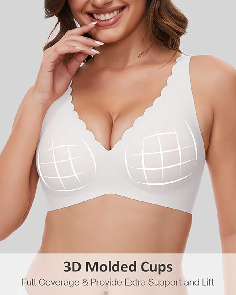 Seamless Deep V Wireless Push-Up Bra – Scalloped, Soft Support, Back Smoothing Bralette