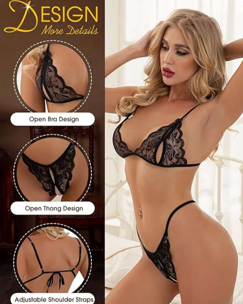 Lace Open Crotch Lingerie Set – Sexy 3-Point Bra & Thong Two-Piece for Women