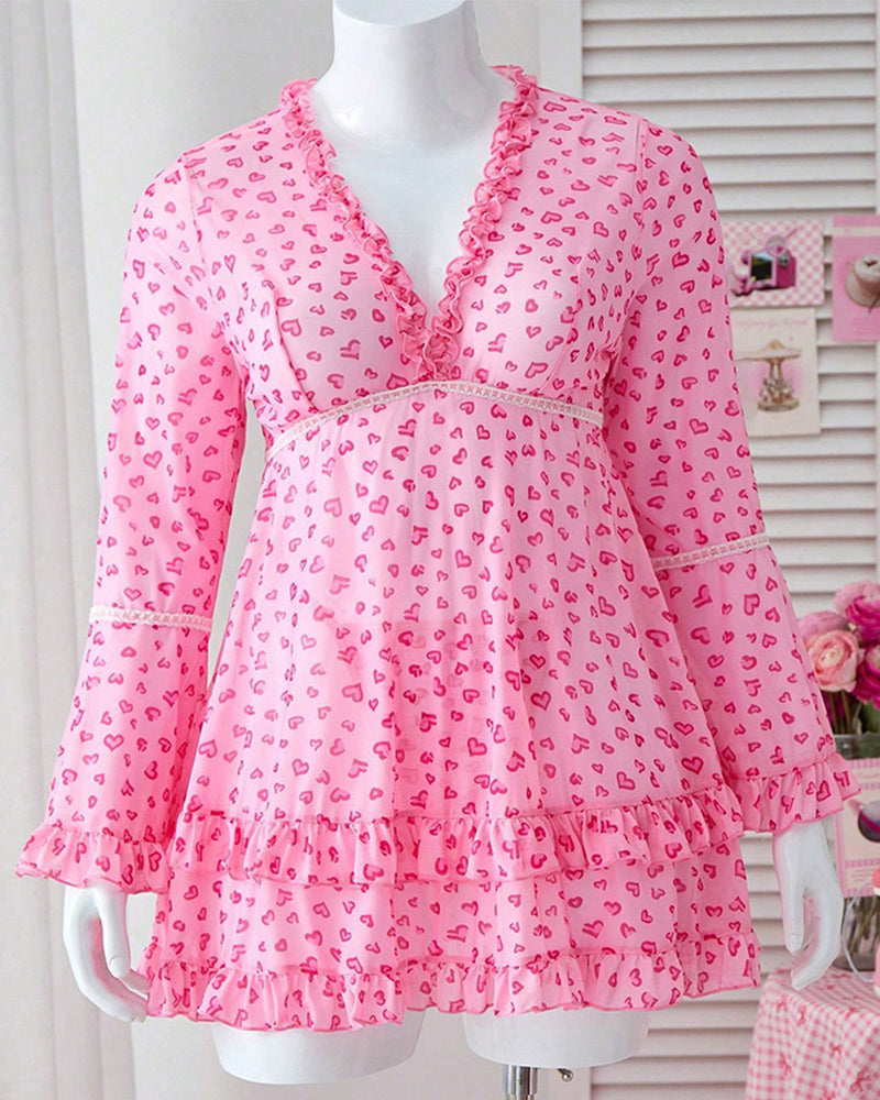 Plus Size Pink Heart Print Mesh Lace Cami Nightdress Set with Panty