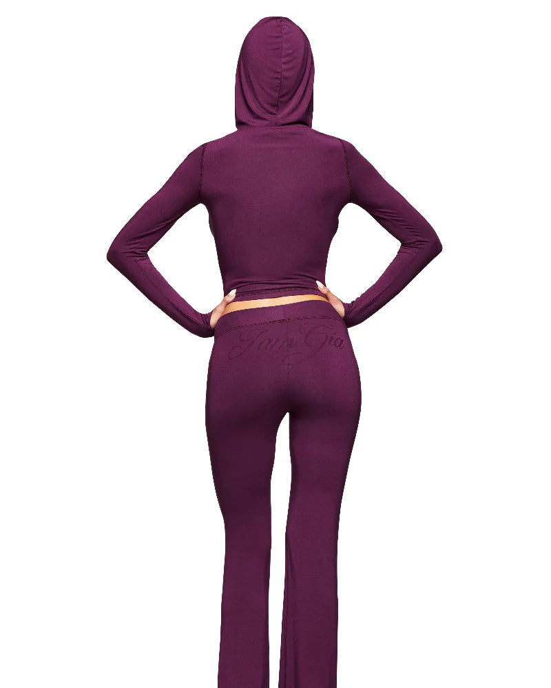 Women’s 2-Piece Activewear Set – Cropped Zip Running Jacket & Flared Stretch Pants, Lightweight Yoga Outfit