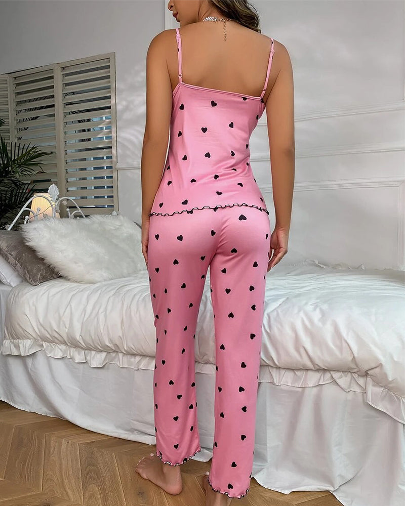 Heart-Print Long Pants Pajama Set – Cozy Loungewear
