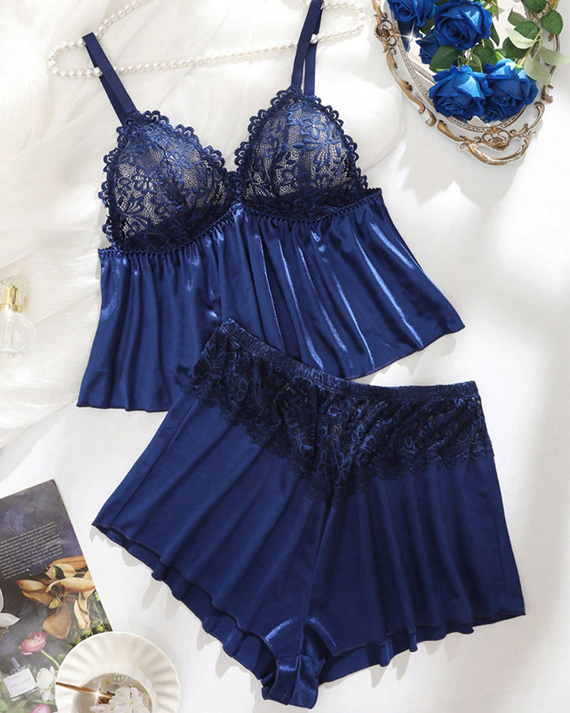 Plus Size Satin Lace V-Neck Cami & Shorts Pajama Set