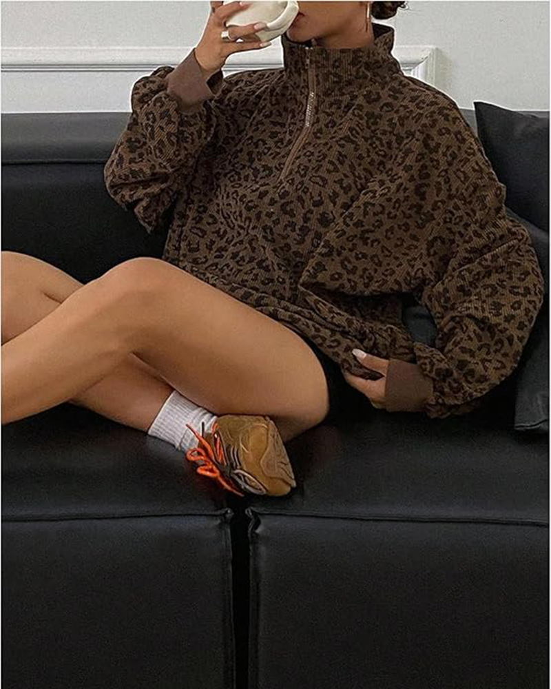 Women’s Casual Zip-Up Leopard Print Long Sleeve Sweatshirt for Fall