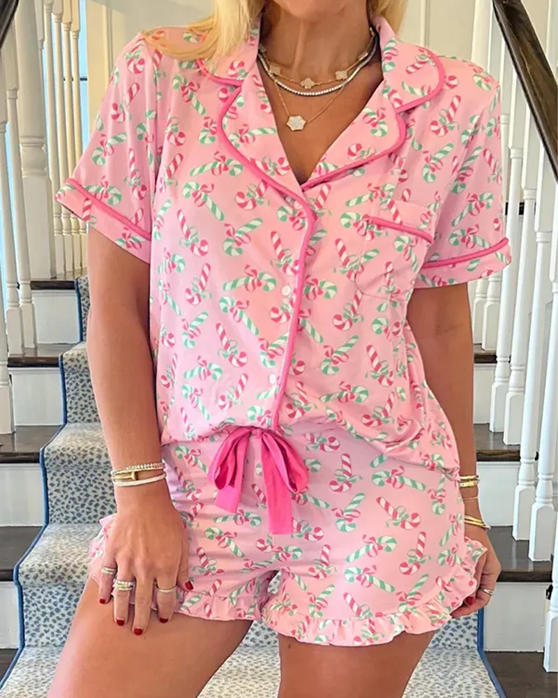 Candy Cane Print Button Pajama Set