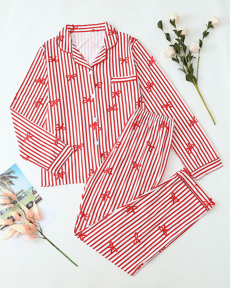 Cozy Striped Pajama Set – Long Sleeve Top with Cute Bow Print
