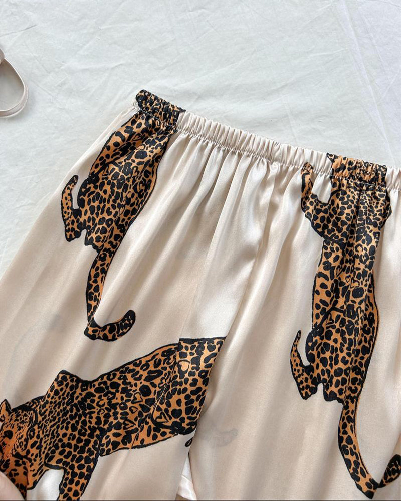 Sexy Leopard Print Satin Cami and Long Pants Pajama Set