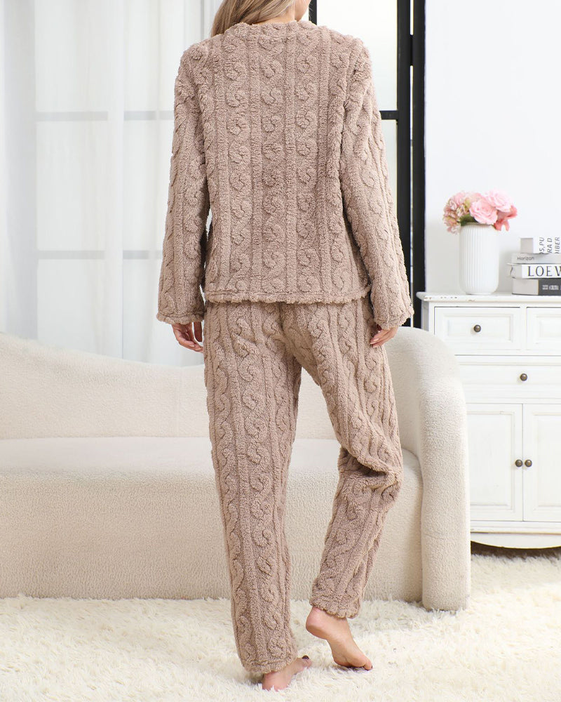 Cozy Coral Fleece Jacquard Loungewear Set