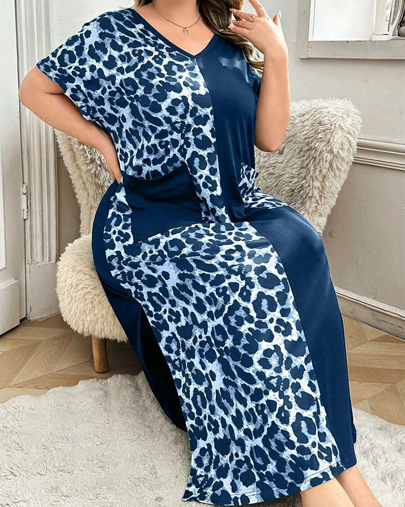 Plus Size Leopard Print V-Neck Short Sleeve Maxi Dress