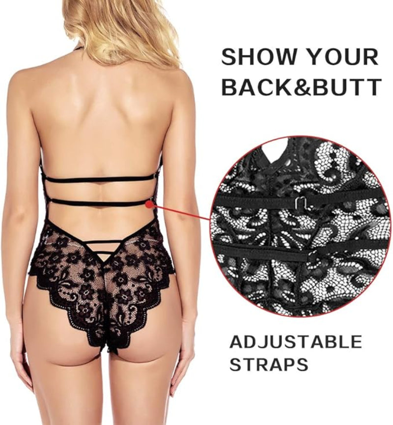 Sexy Lace Strappy Bodysuit for Women – Crotchless Teddy