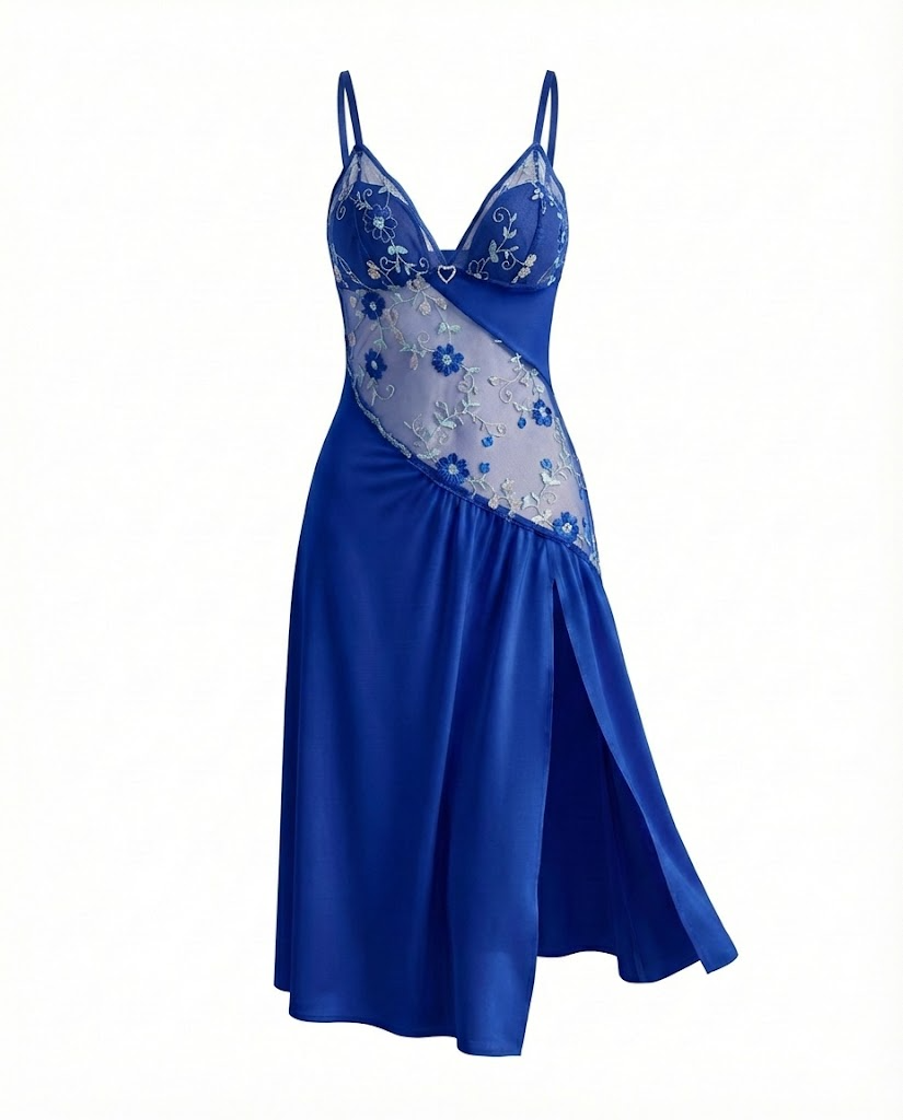 Sexy Sheer Mesh Nightgown – Floral Embroidery Babydoll