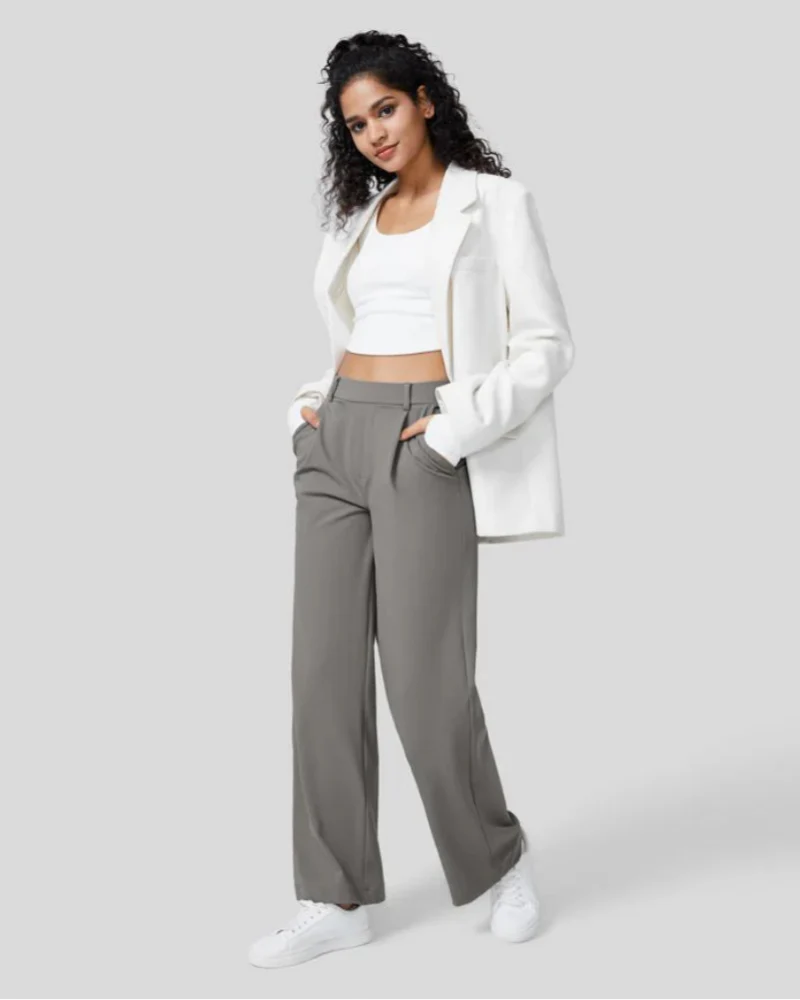 Flex High-Waisted Straight-Leg Work Pants – 4-Way Stretch Business Casual Pants with Pockets